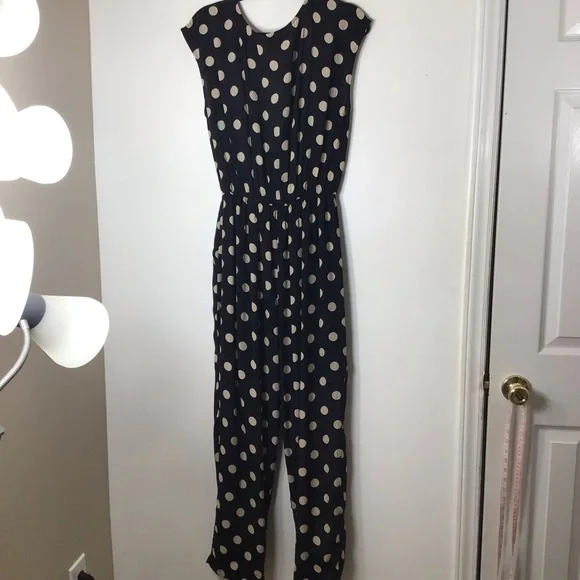 Anthropologie Corey Lynn Colter jumpsuit blue tan polka dot medium USA - Picture 7 of 9